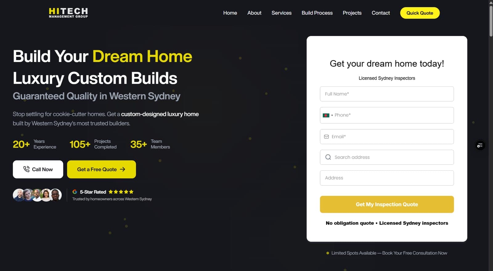 High-converting landing page for a construction business with a lead form