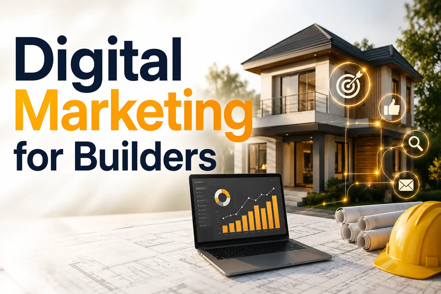 Digital marketing for builders: a laptop showing a rising sales dashboard on building blueprints beside a hard hat and a modern home.